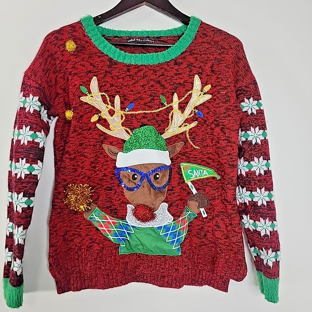 US‎ Sweaters Ugly Christmas Sweater Reindeer Sequin Applique Red Holiday Women M